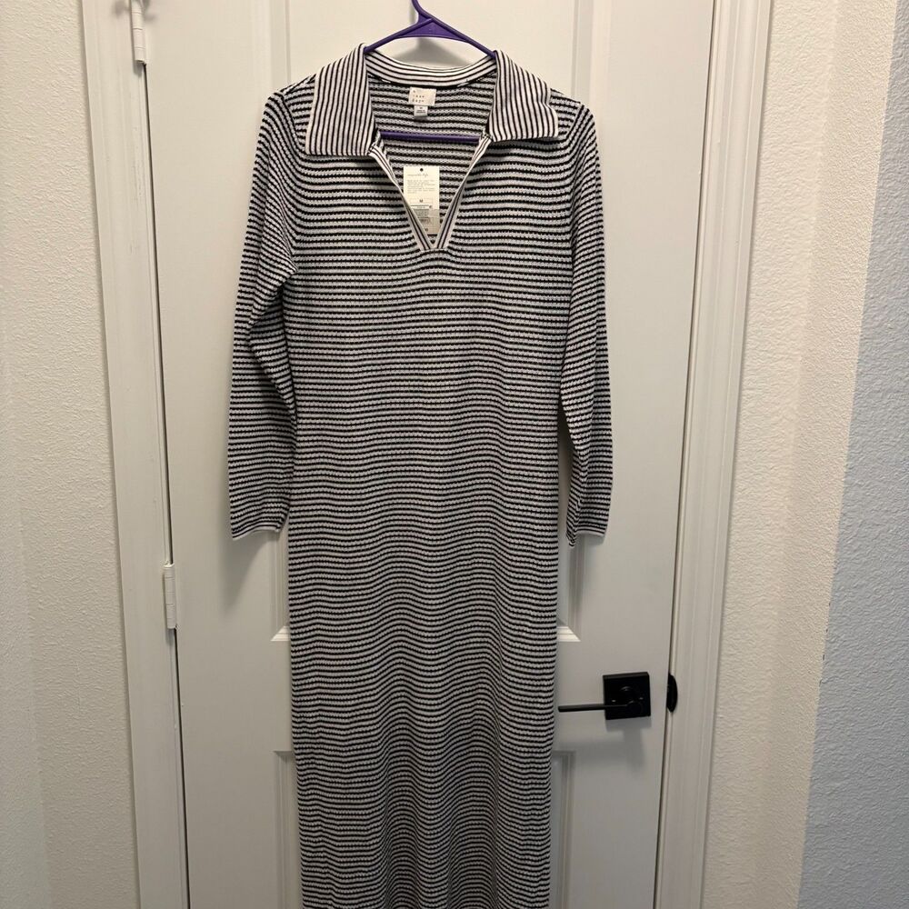 A New Day Black White Striped Maxi Dress Collared V Neck Long Sleeve Lined Sz M - Picture 2 of 9